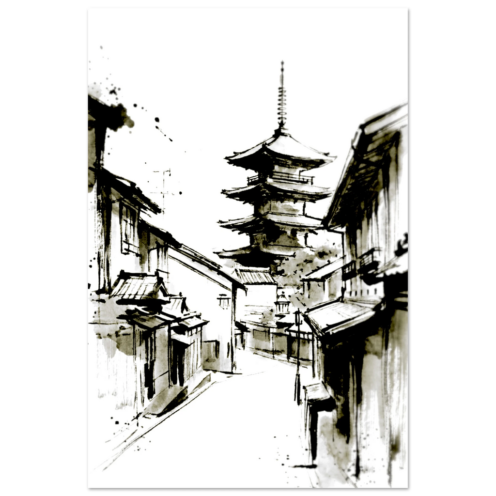 Japanese town pagoda ink wash poster in a black frame, minimalist street artwork