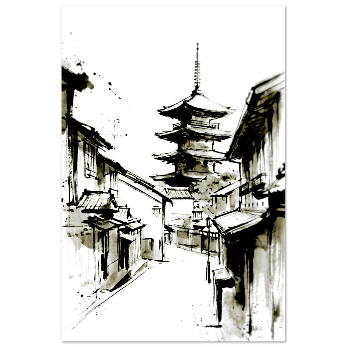 Japanese town pagoda ink wash poster in a black frame, minimalist street artwork