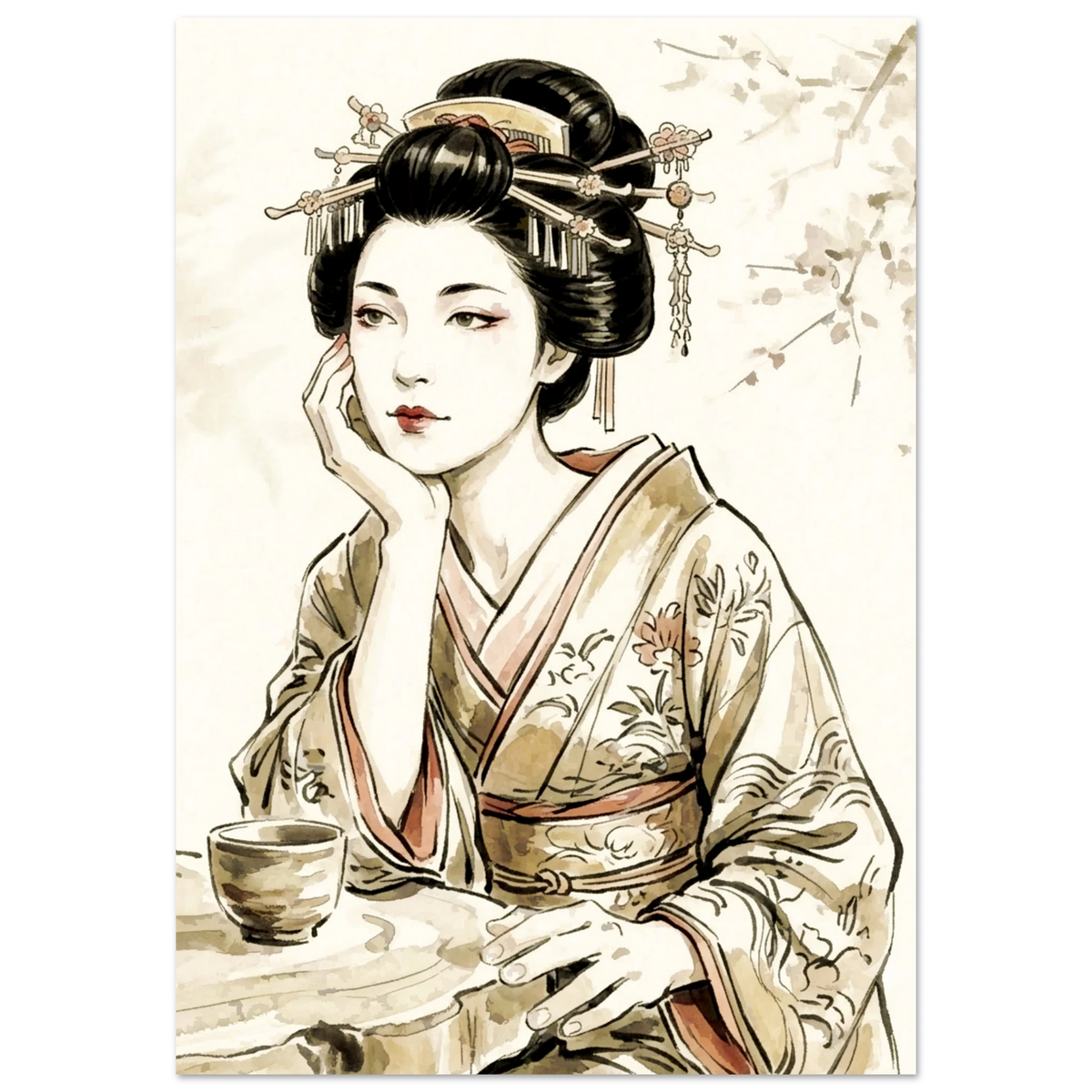 Image of a Geisha seated at a table with a cup of tea resting her chin in her hand.