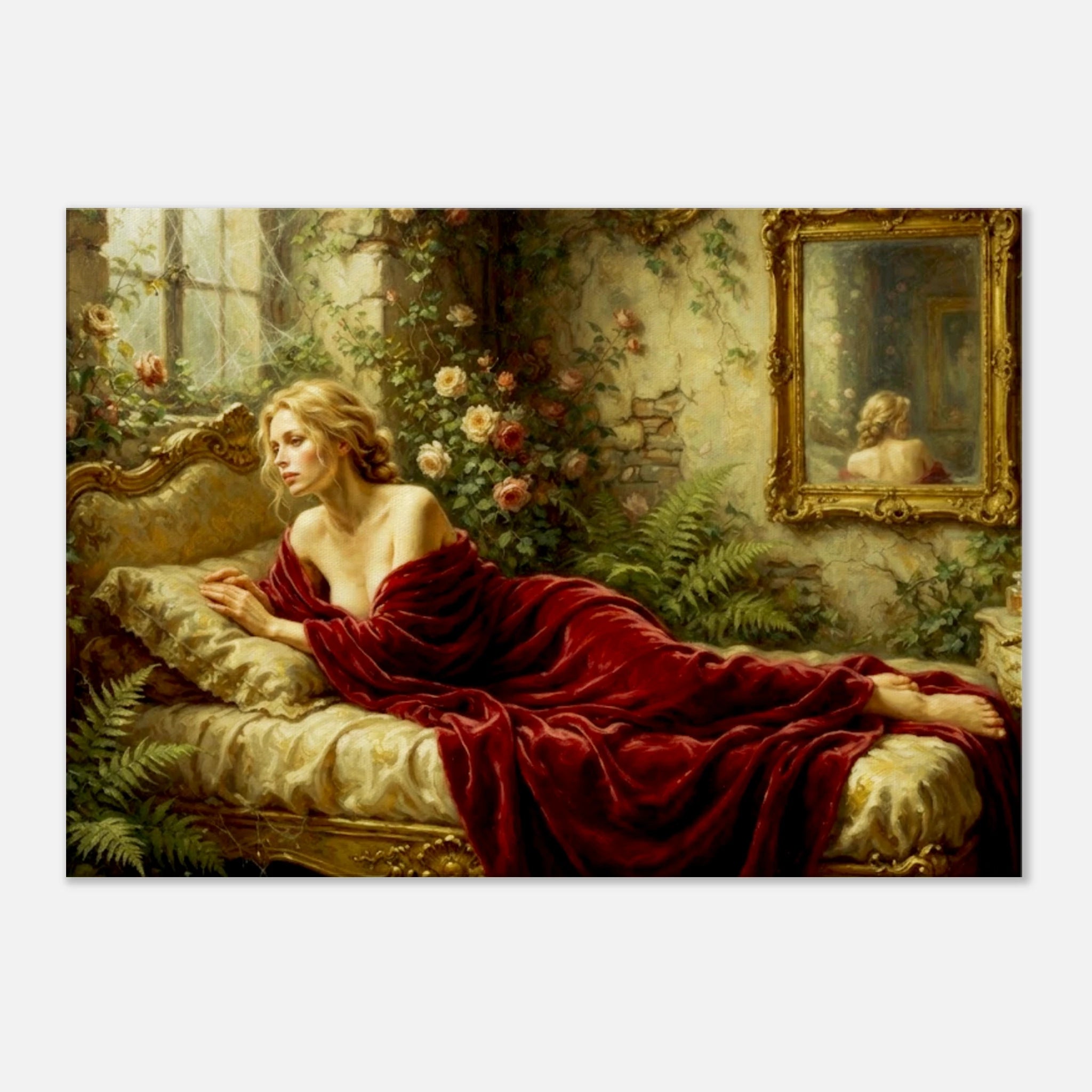 A woman draped in a red velvet robe lounging in an overgrown victorian style room