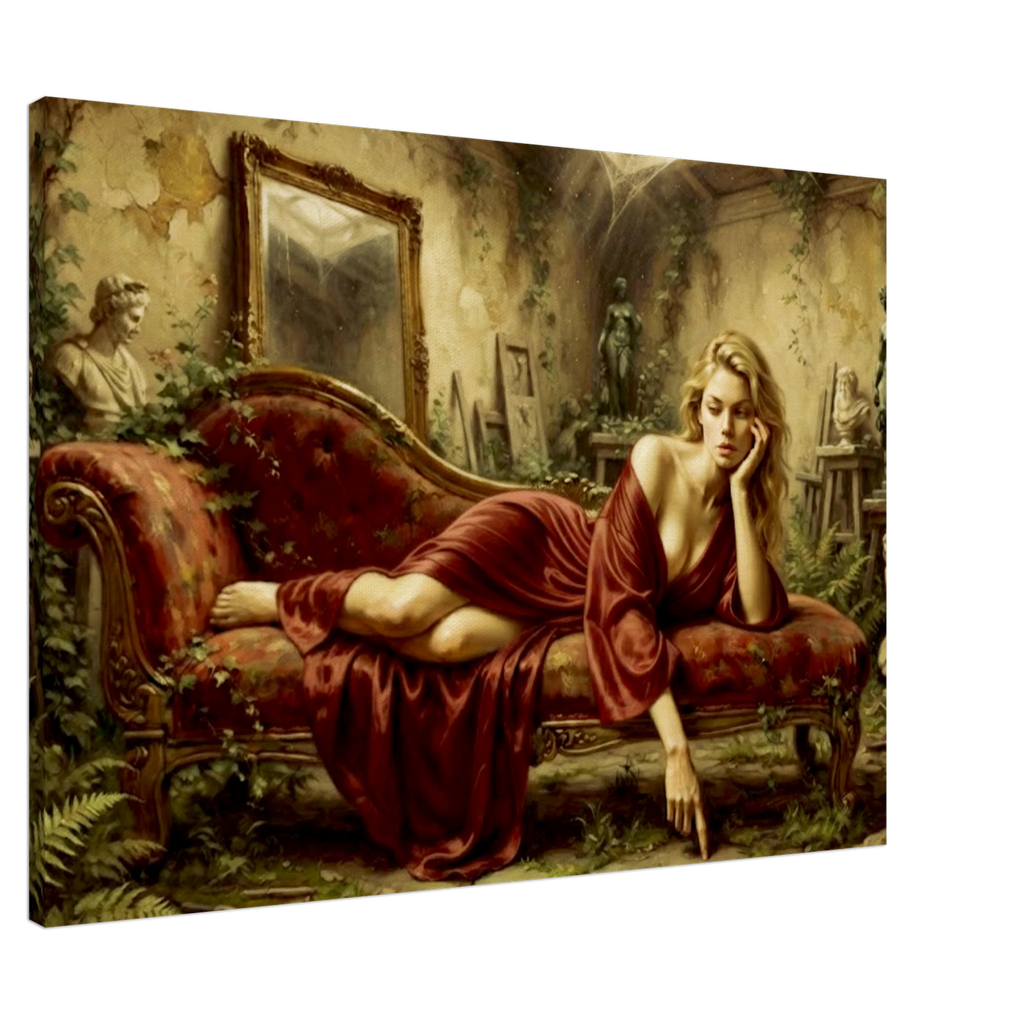 A woman draped in a red velvet robe reposes in a room full of sculptures on a vintage red setae.