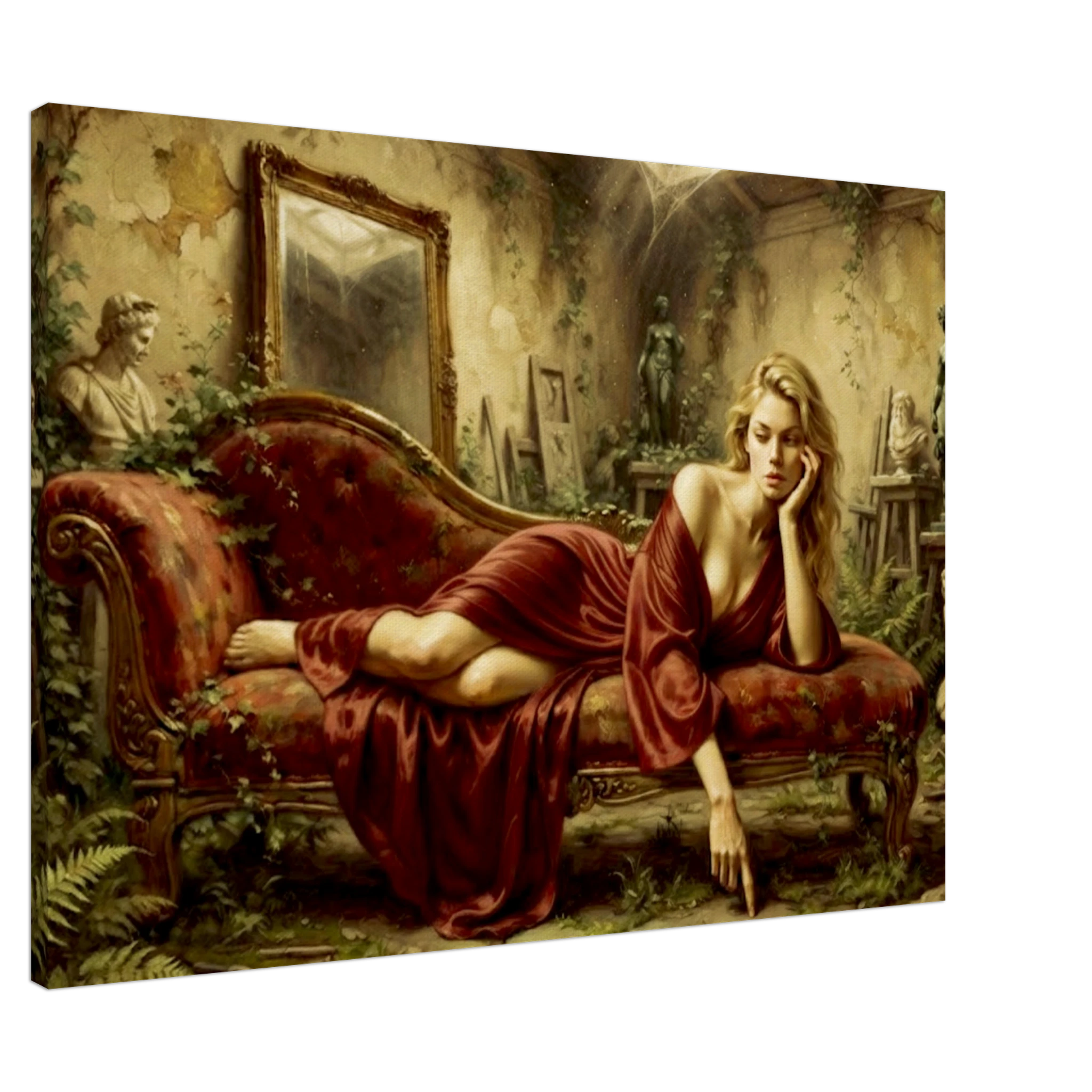 A woman draped in a red velvet robe reposes in a room full of sculptures on a vintage red setae.