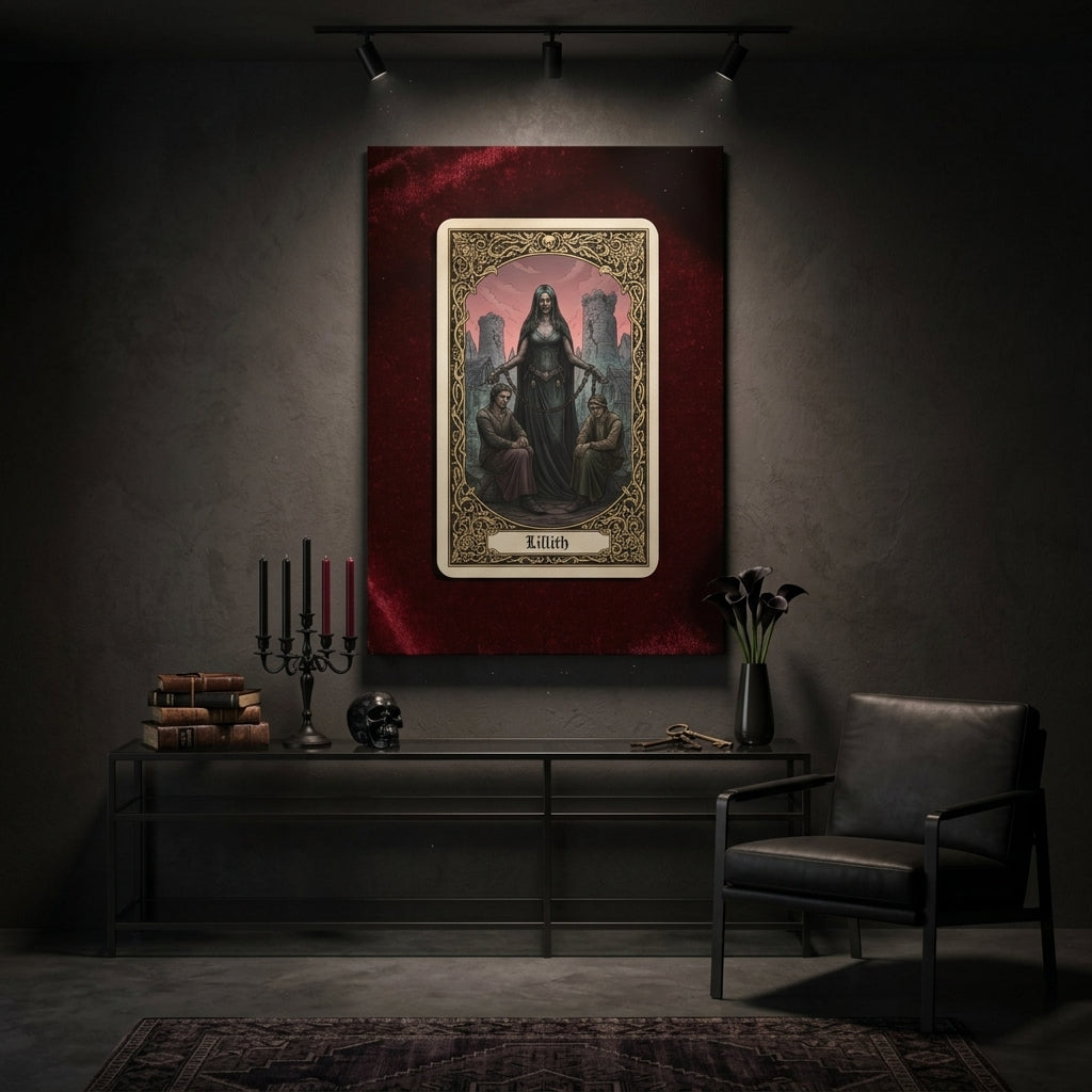 Dark interior with a tarot card painting on a red background, candles, and a chair.