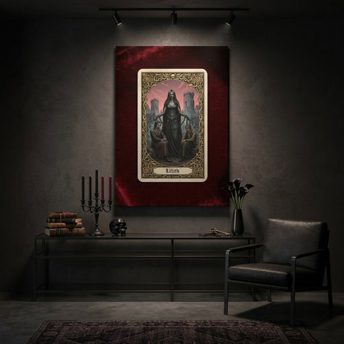 Dark interior with a tarot card painting on a red background, candles, and a chair.