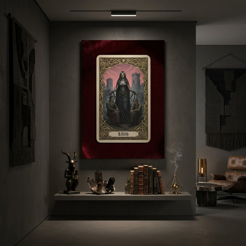 Framed tarot card of Lilith on a wall in a dimly lit room with decor elements.