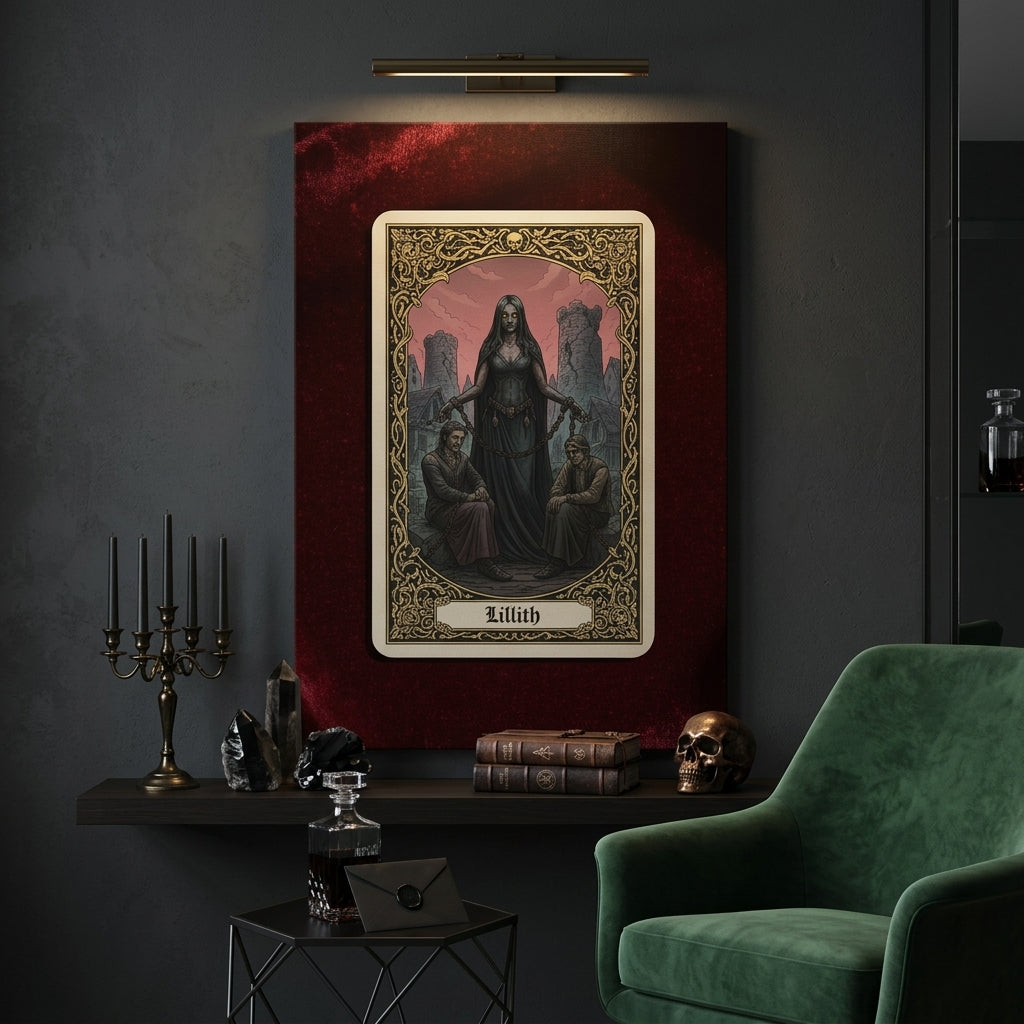 Decorative wall art of a tarot card featuring a dark figure on a red background, placed in a dimly lit room with a green armchair.