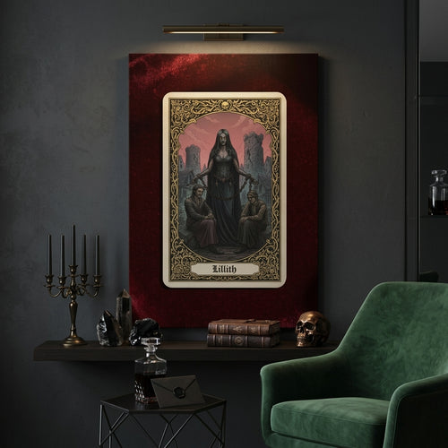 Decorative wall art of a tarot card featuring a dark figure on a red background, placed in a dimly lit room with a green armchair.