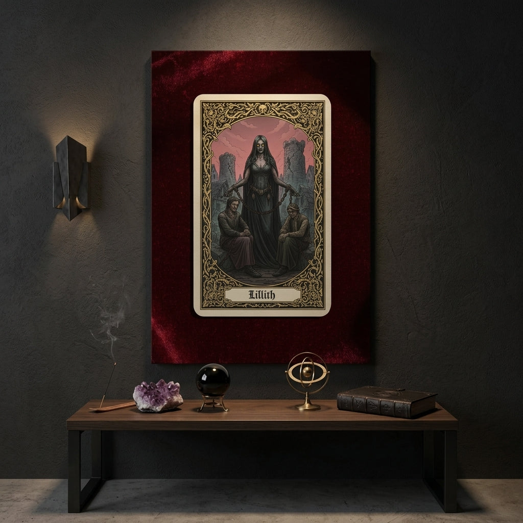 Framed tarot card of Lilith on a dark wall with decor items below.